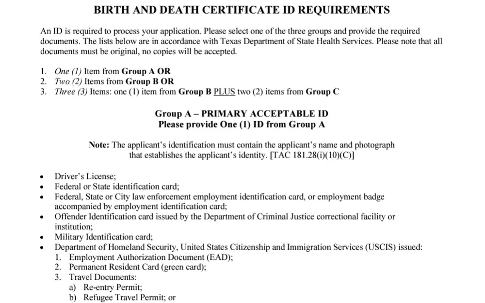 A screenshot of the list of requirements required to obtain a birth or death document in El Paso County.