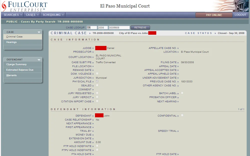 A screenshot of the search tool provided by the El Paso Municipal Court that allows the public to obtain case details.