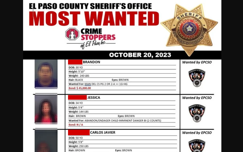 A screenshot of the list that contains information about the most wanted persons in El Paso County.