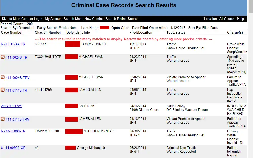 A screenshot of the criminal case records search results, which display the case and citation numbers, the defendant's name, filing date and location, type, status, charges, and an orange icon for those with an active warrant.