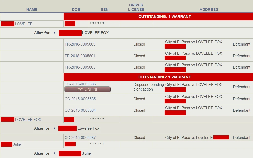 Screenshot of the case search results from the municipal court of El Paso displaying the name of defendant, alias, date of birth, case number, status, title, and presence of warrant.
