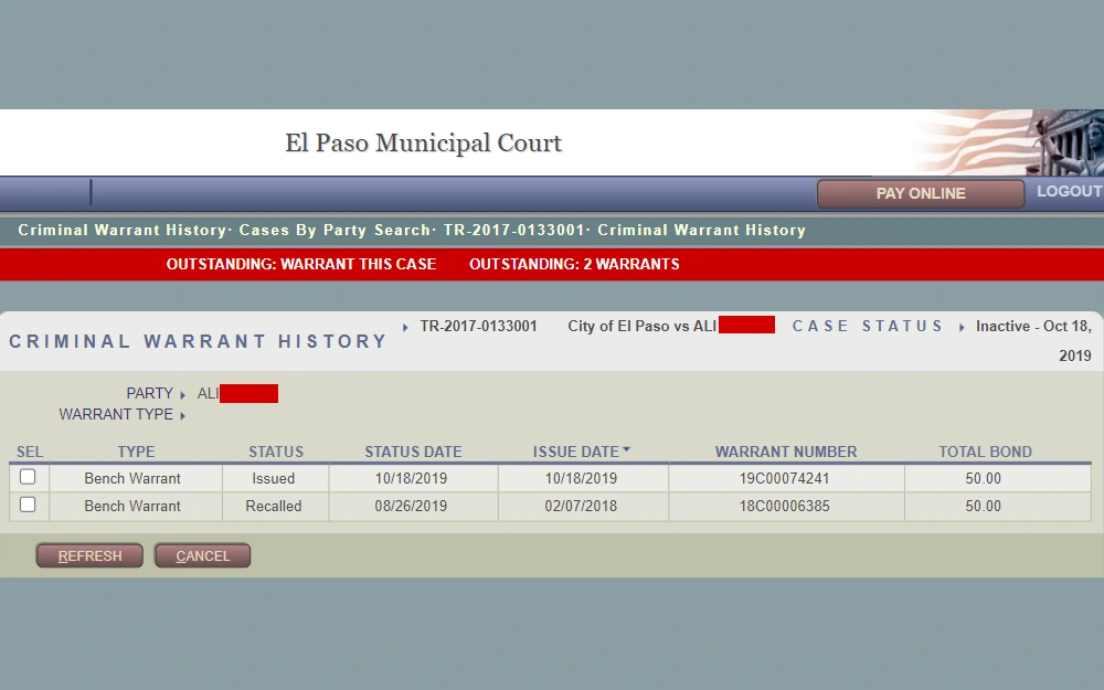 Screenshot of the warrants section of the case details from the El Paso Municipal Court case search, showing the number of warrants, type of warrant issued, status, date of issuance, warrant number, and bond amount.