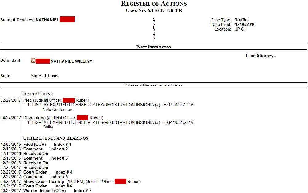 A screenshot of a defendant's case detail and register of actions showing the name, case number, case type, filing date, location, dispositions, and other dates and events including warrant issuance.