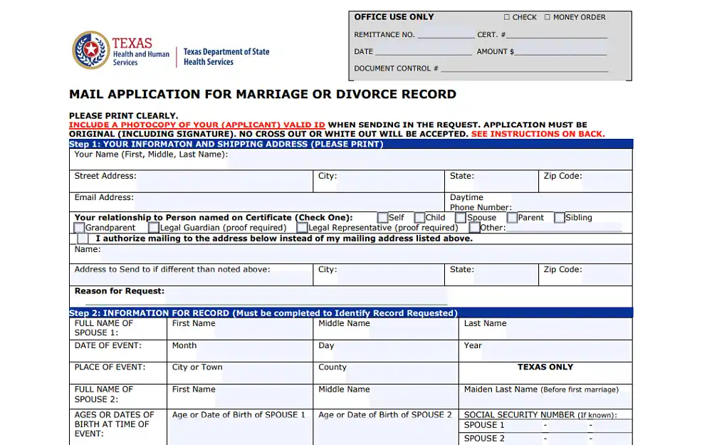 A screenshot displaying a mail application for marriage or divorce record requiring information such as full name, street address, email address, city, state, ZIP code, relationship to the person named on the certificate and others.