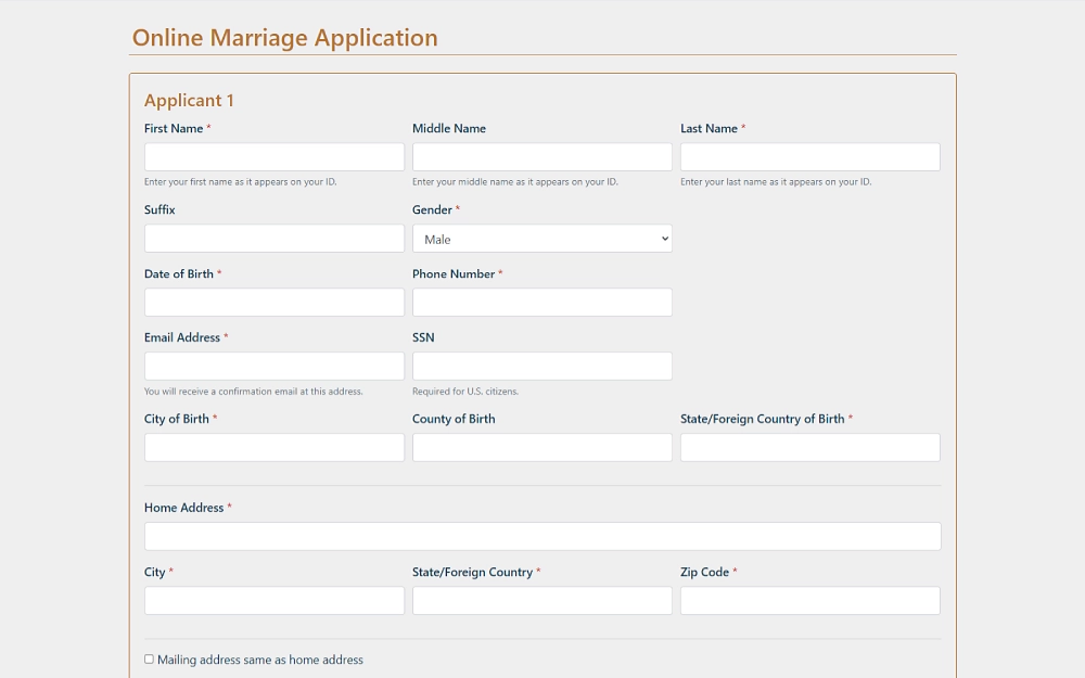 A screenshot displaying an online marriage application requiring details such as the applicant's first, middle and last name, suffix, gender, date of birth, phone number, email address, SSN, city, state/foreign country, county of birth and others.