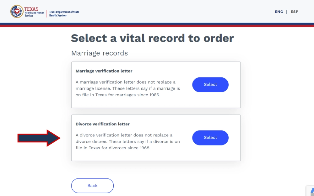 A screenshot displaying a select a vital record to order from the Texas Department of State Health Services website with options of marriage records such as marriage and divorce verification letter.