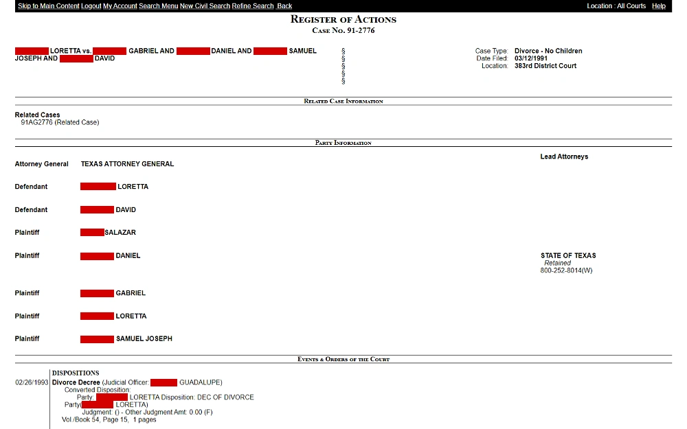 A screenshot showing a register of actions case details displaying party information such as defendant and plaintiff's name, attorney's name and details of the events and orders of the court as dispositions and date.