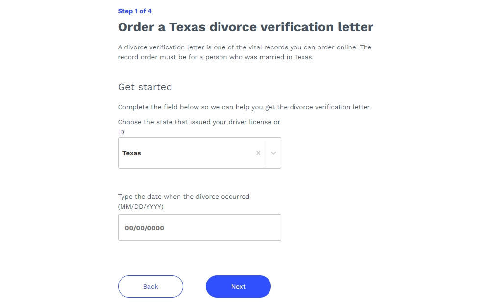 A screenshot of the online order form for a divorce verification letter from the Texas Department of State Health and Human Services displays the first step with fields for the state that issued the requester's driver license and the date the divorce occurred.